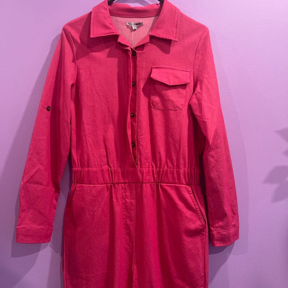 Women's Pink Utility Jumpsuit - Casual Long Sleeve Romper - Picture 3 of 6